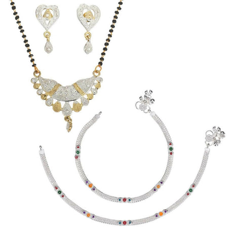 AanyaCentric Gold-Polished Mangalsutra Pendant Earring Set & Silver Plated Anklet