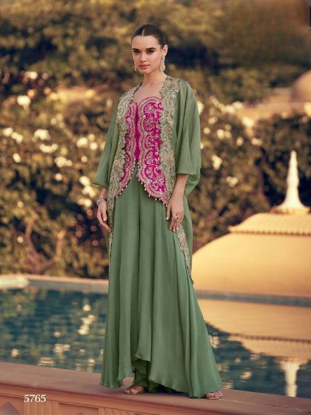 Anaita Mehendi Chinon Readymade Shrug Suit with Heavy Embroidery Work