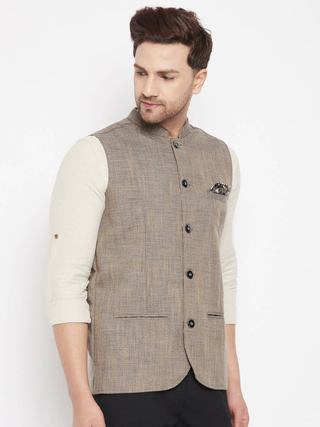 Even Apparels Brown Linen Men Woven Nehru Jacket