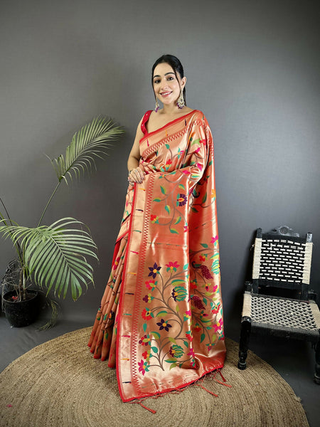 Joban Fashion Pink Floral & Potentially Peacock Soft Silk Paithani Saree