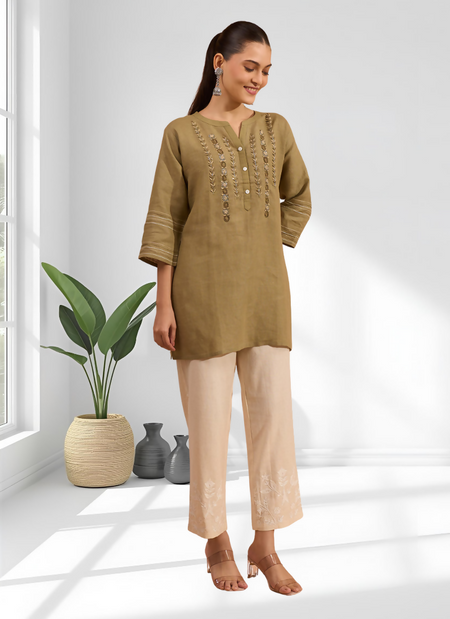 Joban Fashion Light Brown Linen Embroidered Readymade Tunic