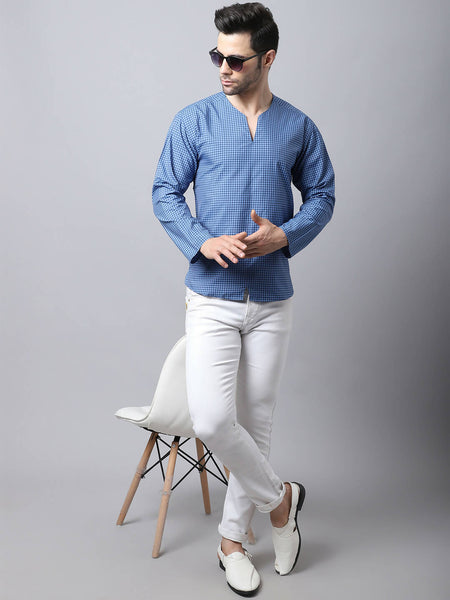 Even Apparels Blue Checked Men's Kurta With Band Collar