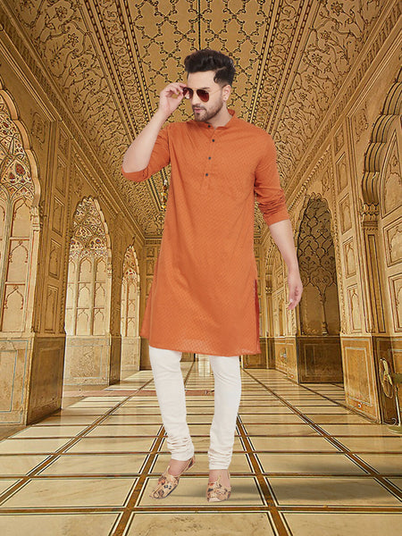 Even Apparels Men's Orange Emboided Cotton Kurta