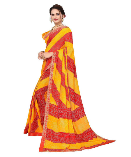 Vamika Yellow Georgette Printed With Lace Saree (MANYA YELLOW RED)
