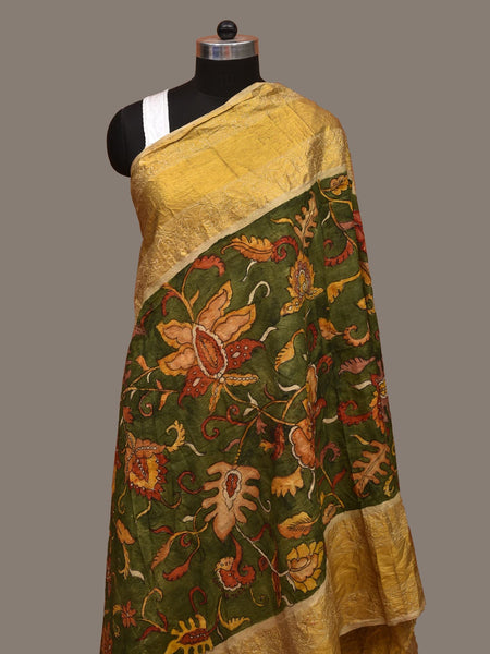 Green Kalamkari Hand Painted Kanchipuram Silk Handloom Dupatta with Floral Design - Global Threads