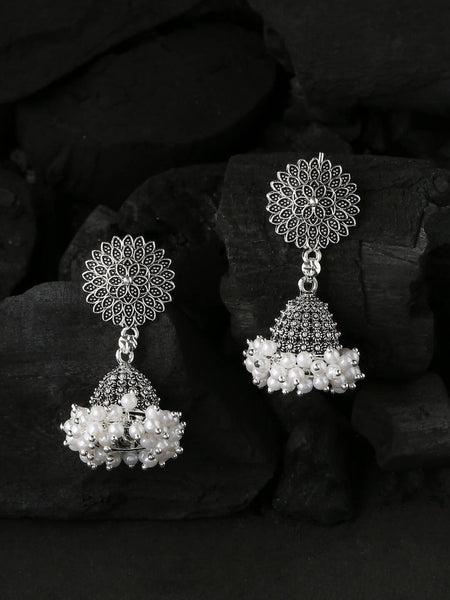 NVR Women Silver Toned Dome Shaped Jhumkas Earrings