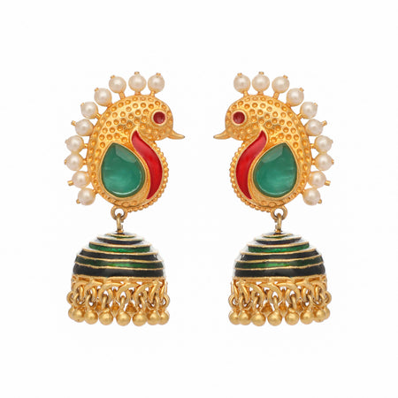 Nuyug 22K Gold Plated Pearls Studded Contemporary Shaped Enamel Jhumkas