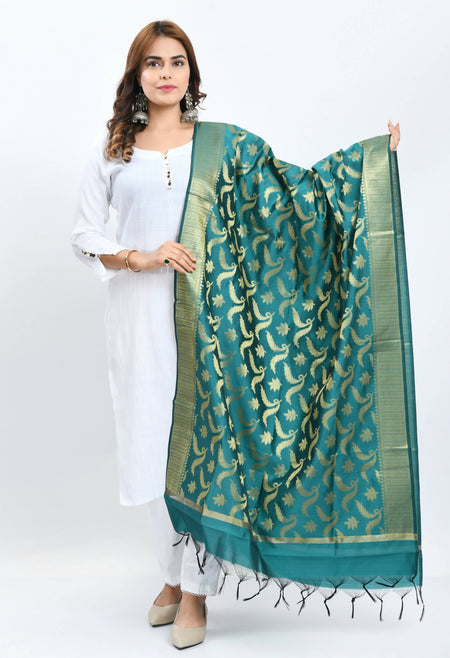 Mominos Fashion Moeza Women's Banarsi Silk Floral Woven Design Rama Green Dupatta
