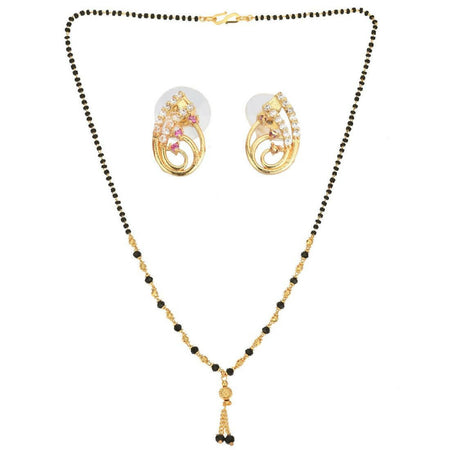 AanyaCentric Gold-Polished Short Mangalsutra Set with Earrings