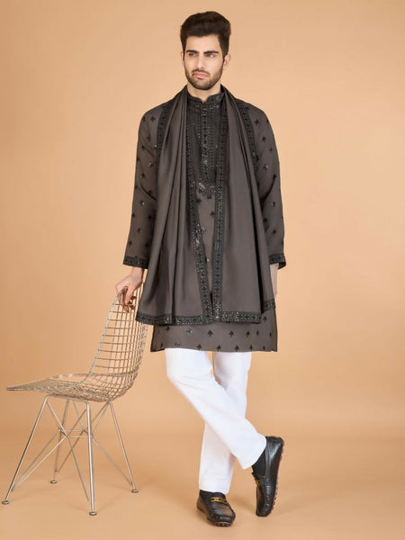 Vastranavya Brown Exclusive Festival Wear Viscose Silk Thread with Sequence Embroidered Work Kurta with Dupatta