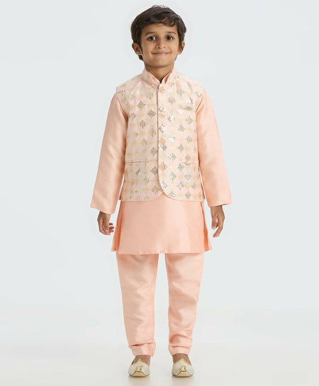 Joban Fashion Kids Island Traditional with a modern touch Nehru Jacket Full Sleeves Kurta, Pyjama Set - Peach