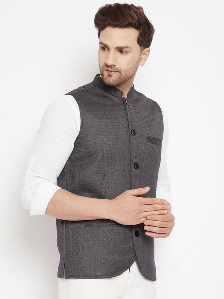 Even Apparels Grey Merino Men Woven Nehru Jacket PW685