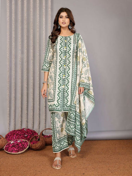 Joban Fashion Women Off White & Forest Green Linen Printed Stitched Kurta Set