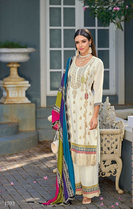 Anaita White Premium Embroidered Chinon Stitched Salwar Suit