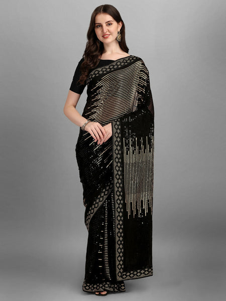 Vegaa Fashion Black Georgette Embroidered Party Wear Saree