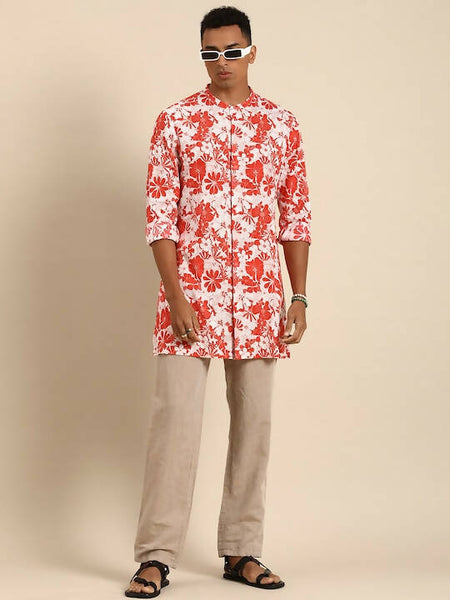 Red & White Men pure Cotton Floral Printed Straight Kurta - Mahotsav