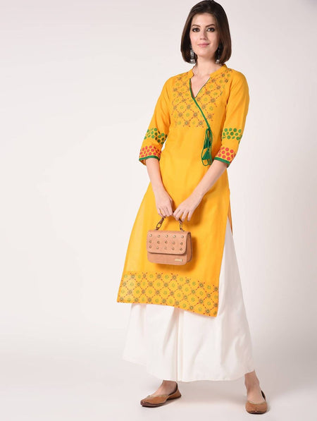 Cheera Hand Block Print Yellow Color Straight Kurta