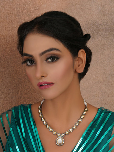 Dual Tone Kundan Neckpiece (silver) - Ruby Raang