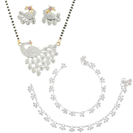 AanyaCentric Gold-Polished Mangalsutra Pendant Earring Set & Silver Plated Anklet