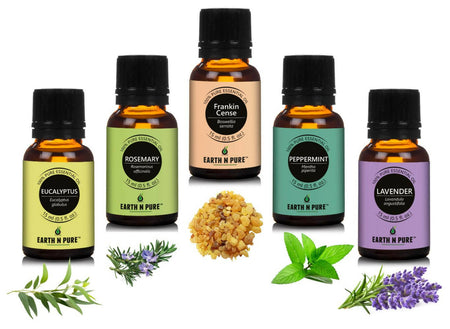 Earth N Pure Essential Oils (Eucalyptus, Rosemary, Lavender, Frankincense & Peppermint) Combo