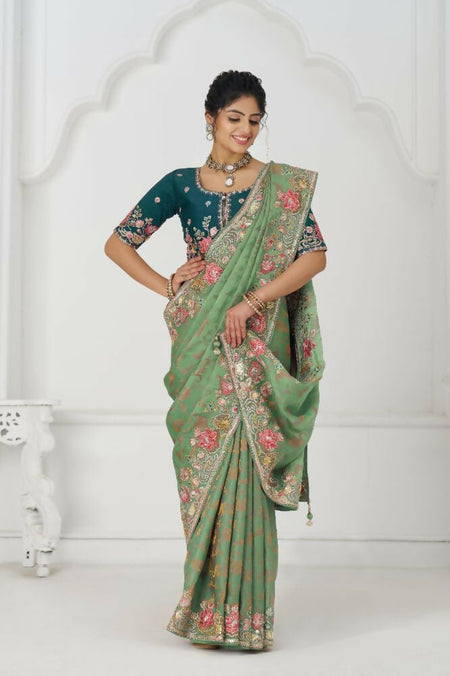 Kesar Fab Green Net Embroidered Lehenga