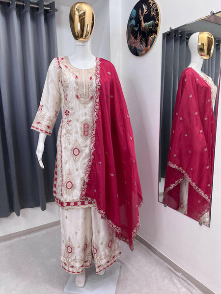 Teeya Creation White Color Chinon Silk Party Wear Trending Palazzo Set