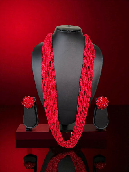 Inhanns Rangsaaz 20-Layer Luxe Long Beaded Necklace (With Optional Statement Earrings) - Red With Earring