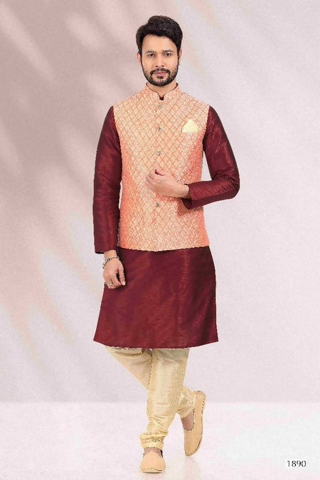 Raivat Ethnic Jacquard Banarasi Silk Woven Work 3 Pics Jacket Set In Peach Colour
