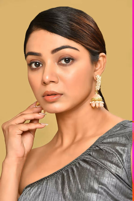 Joban Fashion Women Kundan Pearl Golden Peach Earrings