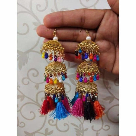 MS Fashion India Traditional Gold Color Multicolor Pearls And Silk Threads Jhumka Earrings