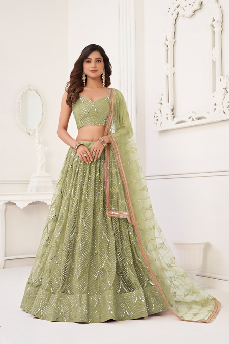 Eilara Glamorous Pista Green Net With Sequins And Thread Embroidery Real Mirror Work Lehenga Choli For Wedding