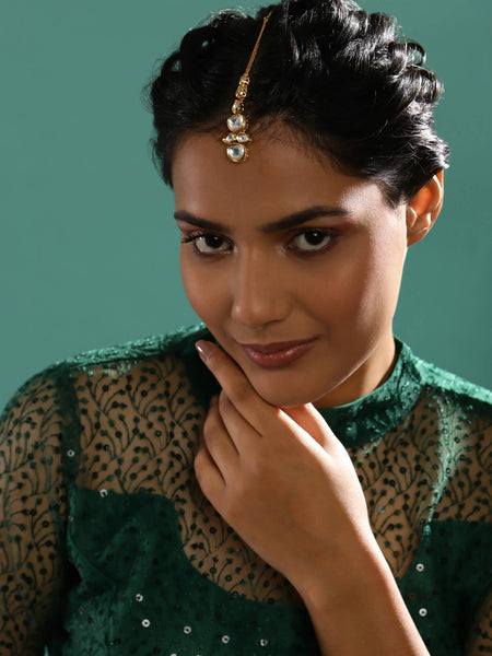 Gold-Polished White Kundan-Studded Maangtikka - Ruby Raang