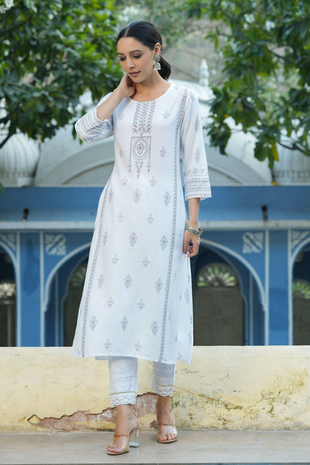 Juniper Women's White Rayon Placement Printed Straight Kurta