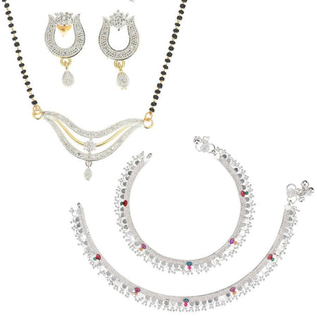 AanyaCentric Gold-Polished Mangalsutra Pendant Earring Set & Silver Plated Anklet