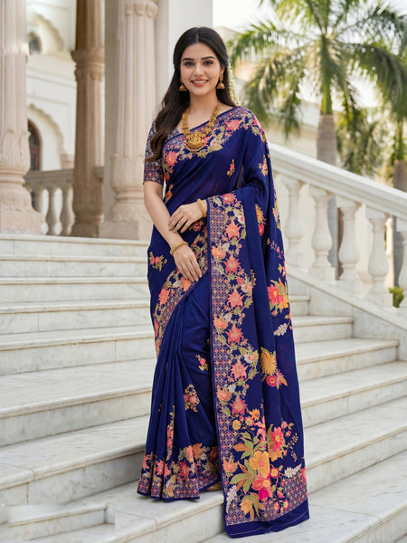 Aastha Fashion Royal Blue Premium Russian Silk Designer Floral Position Print Saree