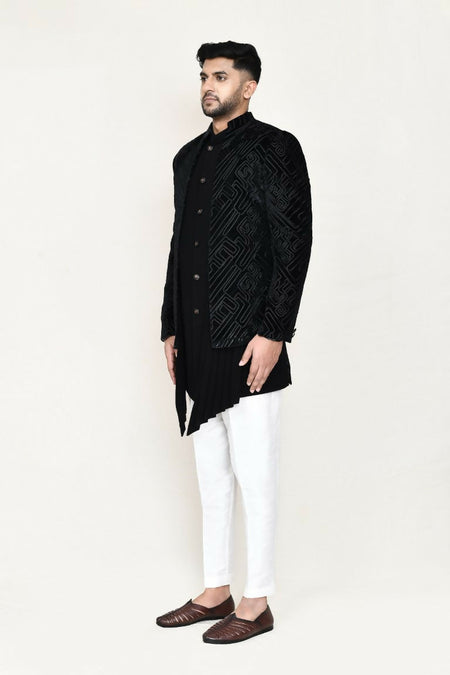 Joban Fashion Black Colored Velvet Based With Full Embroidered Fabric Open Jacket, Indo Western With Pant