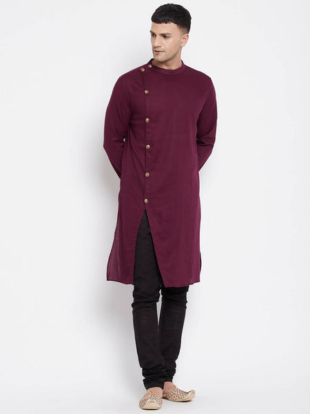 Even Apparels Maroon Pure Cotton Men's Sherwani Kurta With Asymetrical Cut
