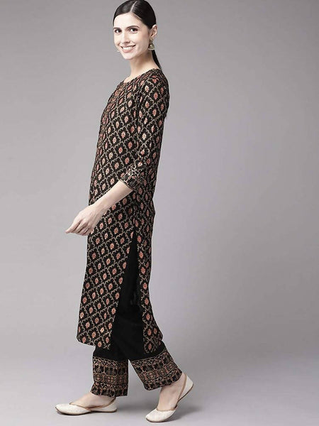 Yufta Women Black & Golden Handblock Printed Kurta with Trouser