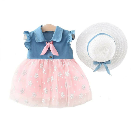 Bold N Elegant Cap Sleeve Denim Embroidered Midi Party Dress Frock with Hat Dress - Floral Pink