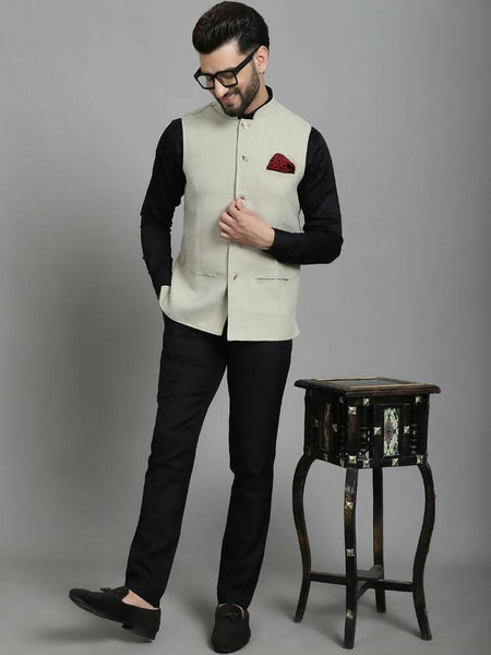 Even Apparels Self-Design Waistcoat With Welt Pockets - Beige
