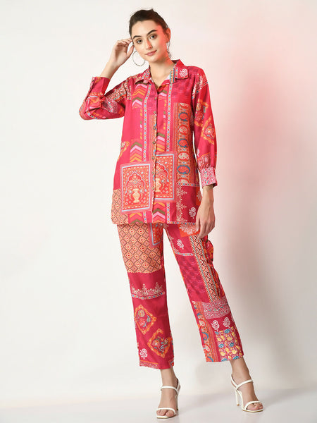 Myshka Women's Pink Printed Shirt With Trousers