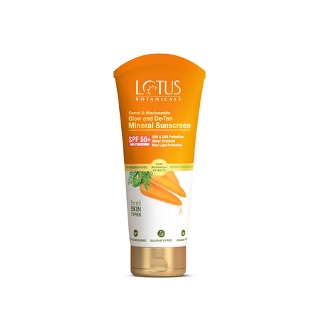 Lotus Botanicals Carrot & Niacinamide Glow and De-Tan Mineral Sunscreen, SPF 50+, PA++++