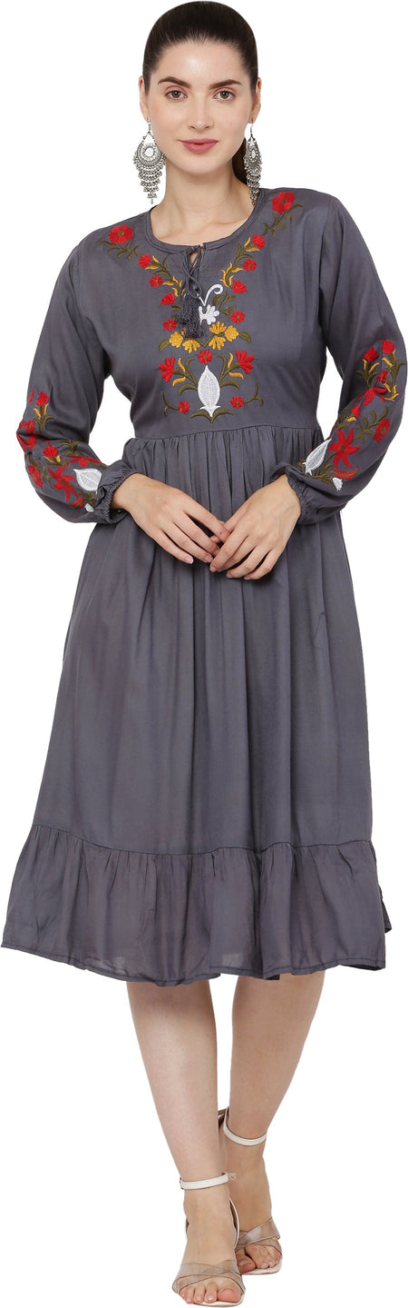 PAVONINE Grey Color Flower Embroidery Dress For Women