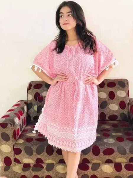 PAVONINE Peach Color Embroidery Kaftan Dress For Women