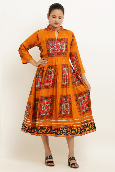 PAVONINE Jaipuri Block Print Mustard Color Dress For Girls & Women
