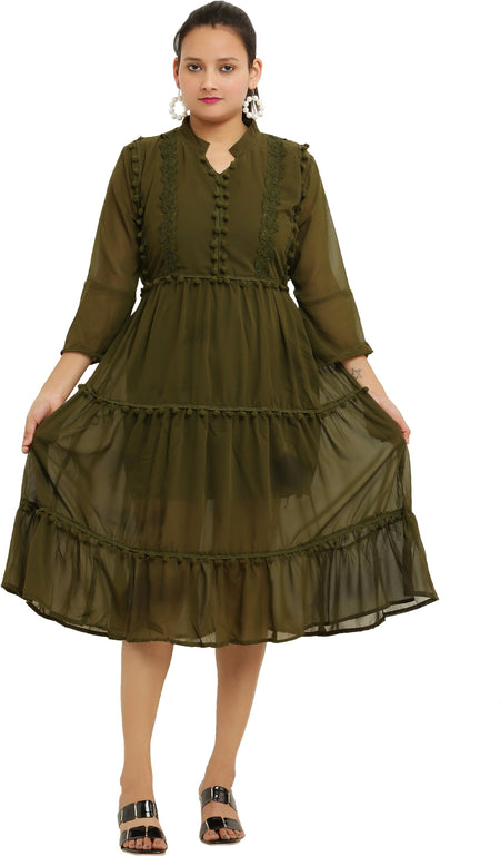 PAVONINE Pum Pum & Lace Inserted Mehandi Color Dress For Girls & Women