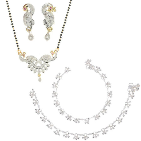 AanyaCentric Gold-Polished Mangalsutra Pendant Earring Set & Silver Plated Anklet