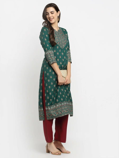 Rudra Bazaar Green Printed Yoke Designed Straight Kurta with Maroon Pyjamas
