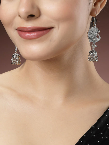 NVR Women's Silver-Toned Peacock Desing German Silver Oxidised Dome Shaped Jhumka Earrings