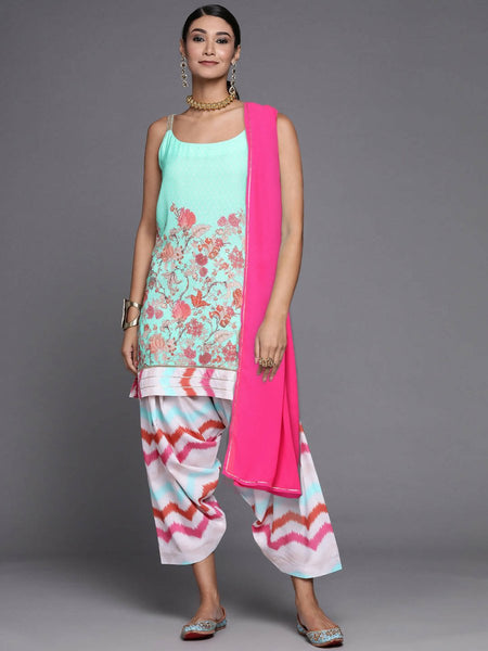Ahalyaa Women Blue Floral Printed Kurta with Patiala & With Dupatta